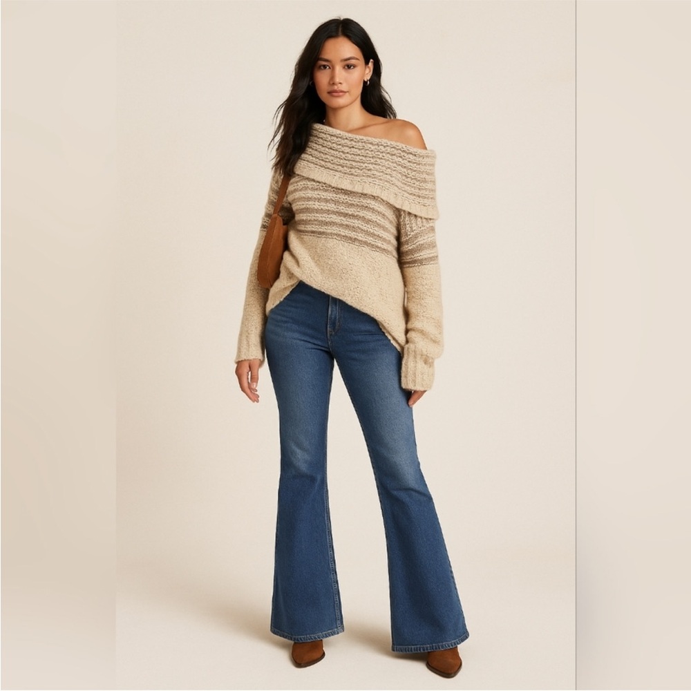 Free People Engineer Stripe Cowl Neck Off Shoulder Sweater in Cream/Beige